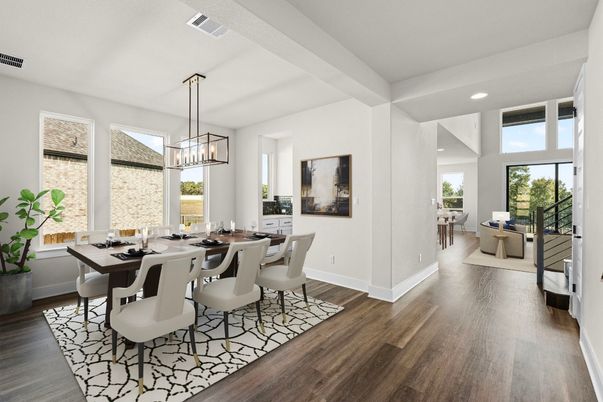Dining room, Interior, Pendant Lights, Recessed Lighting, Wood Texture Flooring