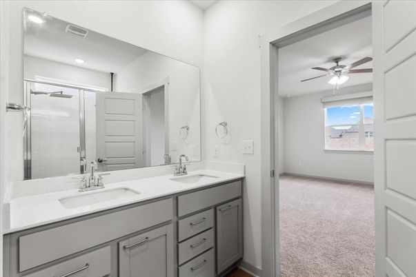 Bathroom, Dual Sink Vanities, Glass Shower, Interior, Recessed Lighting