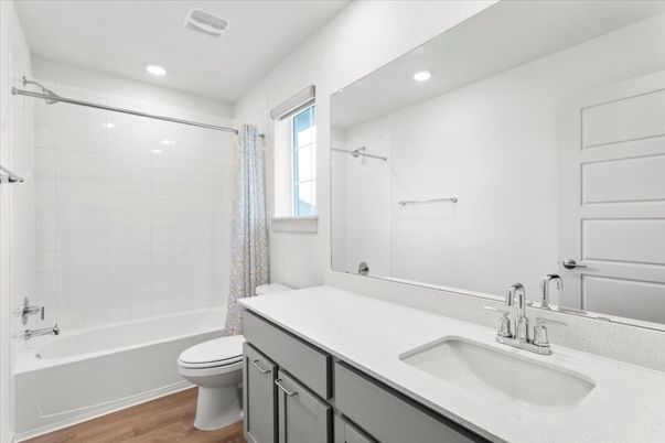 Bathroom, Dual Sink Vanities, Interior, Recessed Lighting, Wood Texture Flooring