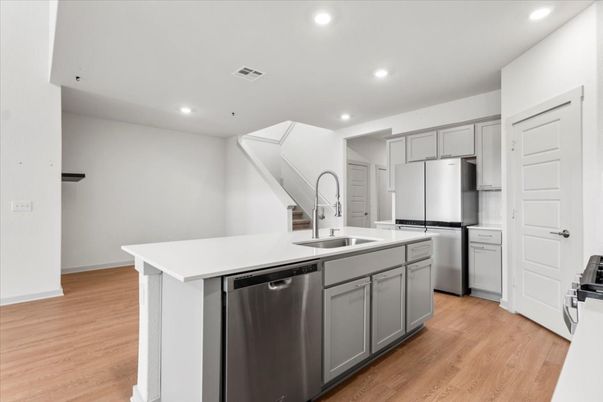 Interior, Kitchen, Recessed Lighting, Stainless Steel Appliances, Wood Texture Flooring