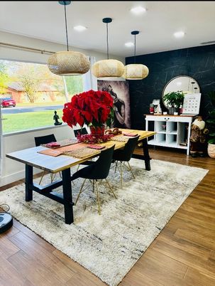 Dining room, Interior, Pendant Lights, Recessed Lighting, Wood Texture Flooring