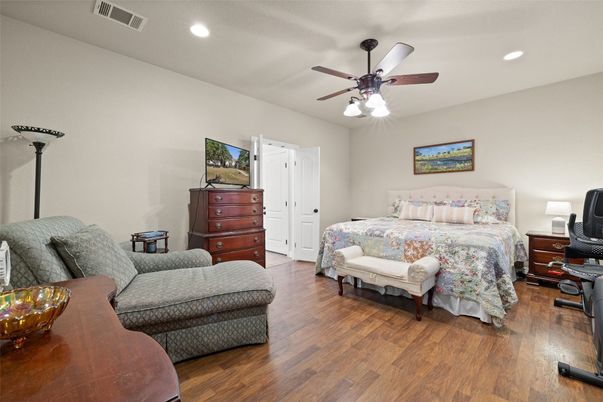 Bedroom, Interior, Recessed Lighting, Wood Texture Flooring