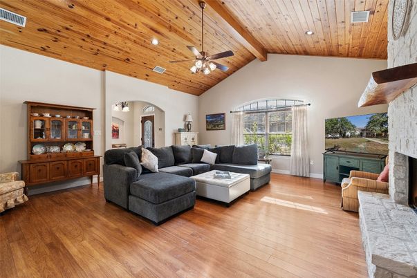 Fireplace, Interior, Living room, Recessed Lighting, Wooden Beams, Wooden Ceilings, Wood Texture Flooring