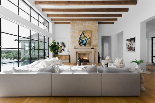 Fireplace, Interior, Living room, Stone Walls, Wooden Beams, Wood Texture Flooring
