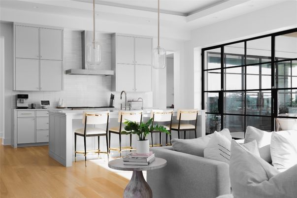 Interior, Kitchen, Living room, Pendant Lights, Wood Texture Flooring