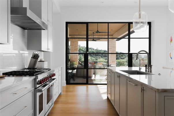 Interior, Kitchen, Pendant Lights, Stainless Steel Appliances, Wooden Ceilings, Wood Texture Flooring