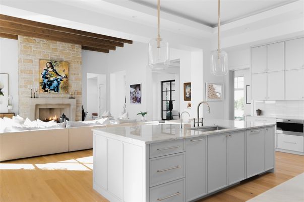 Fireplace, Interior, Kitchen, Living room, Pendant Lights, Stone Walls, Wooden Beams, Wood Texture Flooring