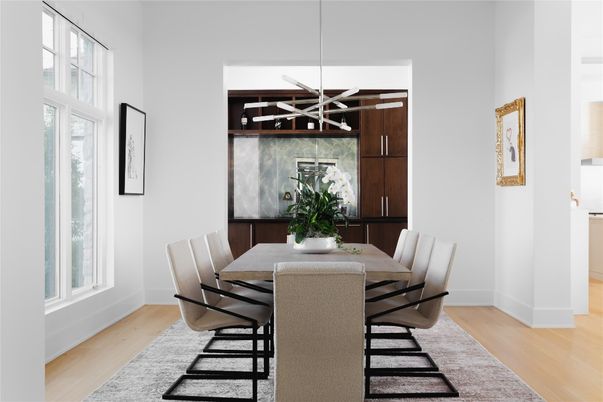 Dining room, Interior, Pendant Lights, Wood Texture Flooring