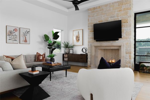 Fireplace, Interior, Living room, Stone Walls, Wood Texture Flooring