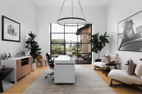 Home Office, Interior, Pendant Lights, Wood Texture Flooring