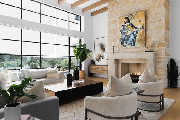 Fireplace, Interior, Living room, Stone Walls, Wooden Beams, Wood Texture Flooring