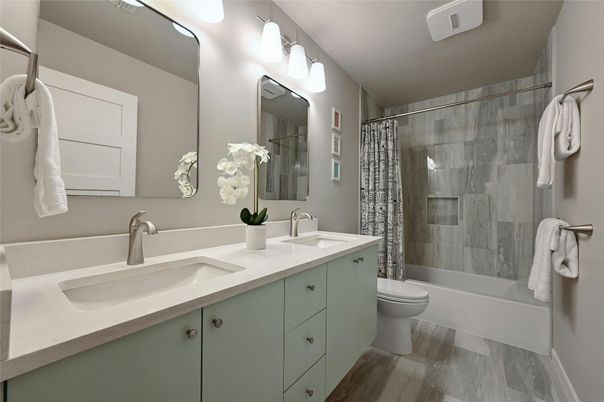 Bathroom, Dual Sink Vanities, Glass Shower, Interior, Wood Texture Flooring
