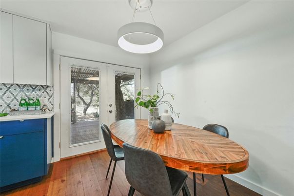 Dining room, Interior, Pendant Lights, Wood Texture Flooring