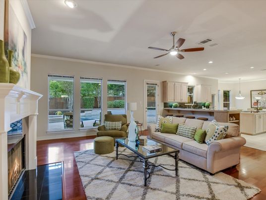 Fireplace, Interior, Kitchen, Living room, Pendant Lights, Recessed Lighting, Wood Texture Flooring