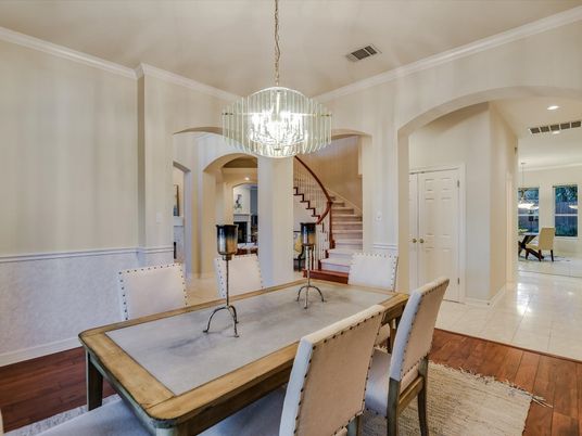 Chandelier, Dining room, Interior, Pendant Lights, Recessed Lighting, Wood Texture Flooring