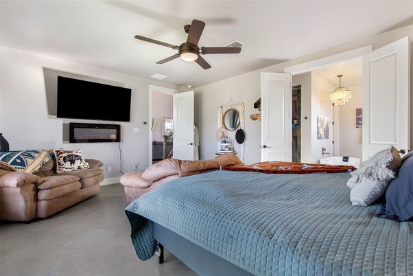 Bedroom, Chandelier, Fireplace, Interior
