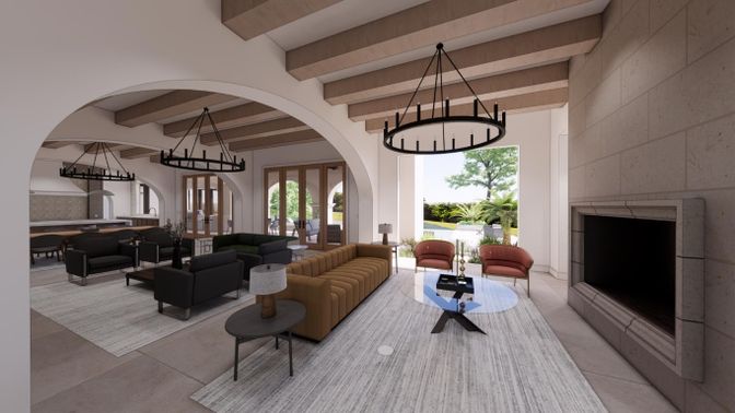 Fireplace, Interior, Living room, Pendant Lights, Wooden Beams