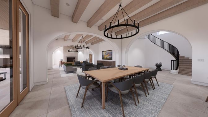 Chandelier, Dining room, Interior, Pendant Lights, Wooden Beams