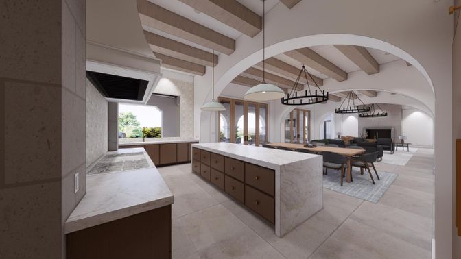 Dining room, Fireplace, Interior, Kitchen, Pendant Lights, Wooden Beams