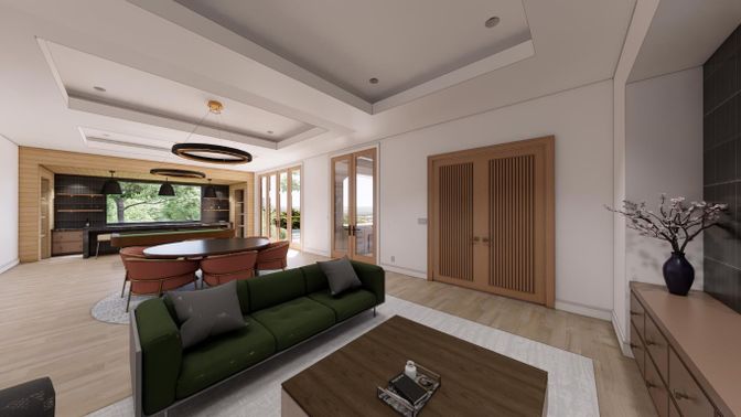 Dining room, Interior, Living room, Pendant Lights, Recessed Lighting, Wood Texture Flooring