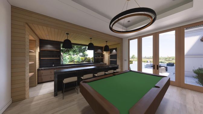 Billiard Table, Game Room, Interior, Pendant Lights, Wood Texture Flooring