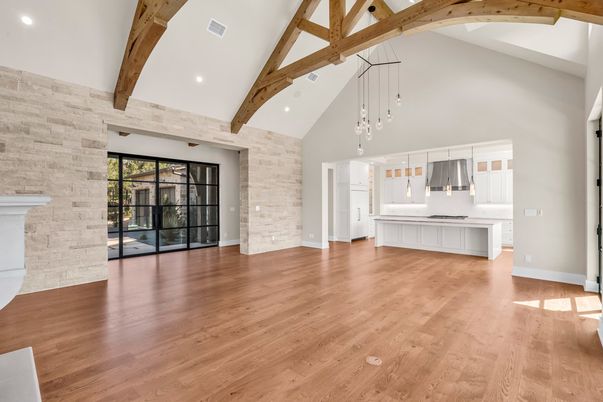 Empty room, Interior, Kitchen, Pendant Lights, Recessed Lighting, Stone Walls, Wooden Beams, Wood Texture Flooring