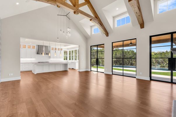 Empty room, Interior, Kitchen, Pendant Lights, Recessed Lighting, Wooden Beams, Wood Texture Flooring