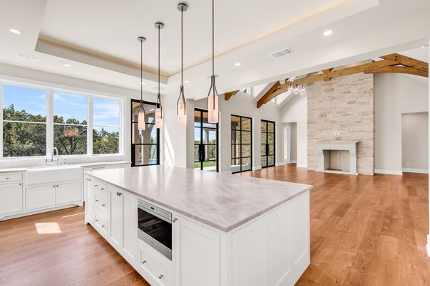 Fireplace, Interior, Kitchen, Pendant Lights, Recessed Lighting, Stone Walls, Wood Texture Flooring