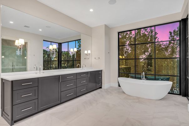 Bathroom, Dual Sink Vanities, Free Standing Baths, Interior, Marble, Recessed Lighting