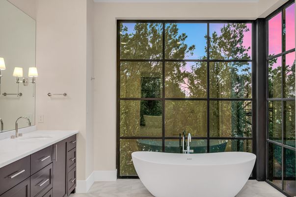 Bathroom, Dual Sink Vanities, Free Standing Baths, Interior, Marble, Pendant Lights