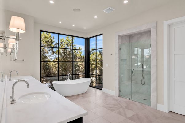 Bathroom, Dual Sink Vanities, Free Standing Baths, Glass Shower, Interior, Marble Walls, Recessed Lighting