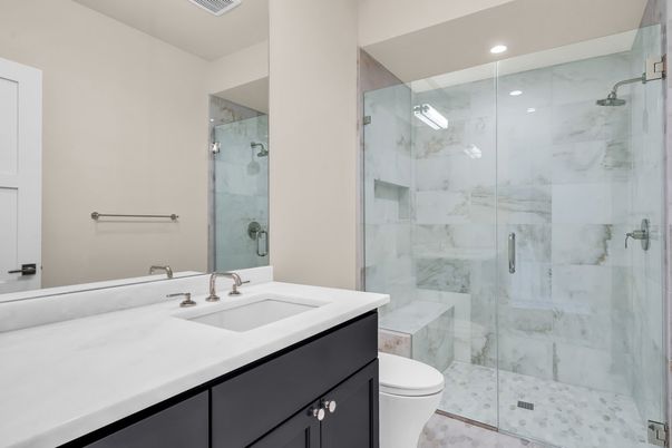 Bathroom, Glass Shower, Interior, Marble Walls, Recessed Lighting
