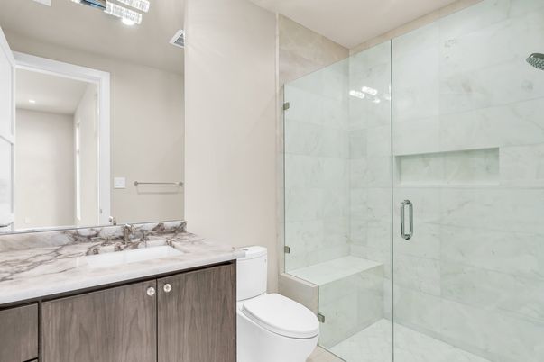 Bathroom, Glass Shower, Interior, Marble Walls, Recessed Lighting
