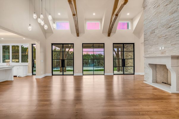 Fireplace, Interior, Pendant Lights, Recessed Lighting, Stone Walls, Wooden Beams, Wood Texture Flooring