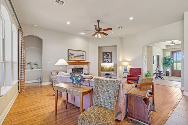 Fireplace, Interior, Living room, Recessed Lighting, Wood Texture Flooring