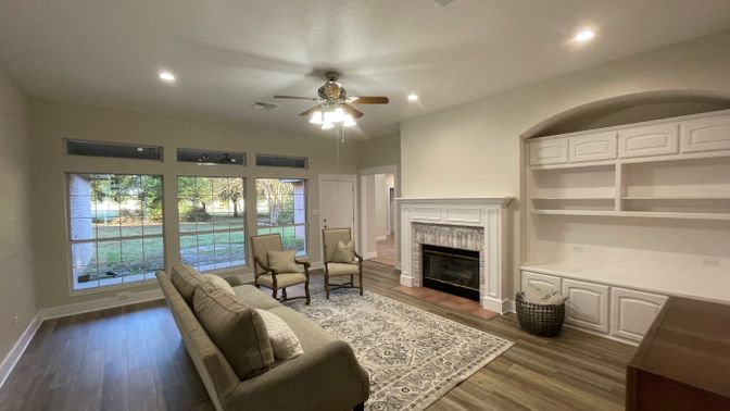 Fireplace, Interior, Living room, Recessed Lighting, Wood Texture Flooring