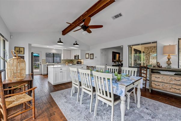 Dining room, Interior, Kitchen, Recessed Lighting, Wood Texture Flooring