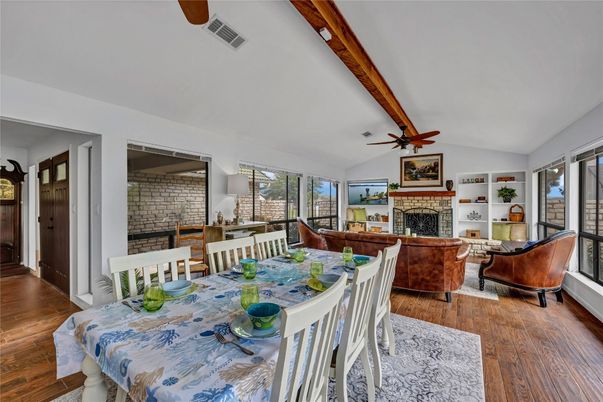 Dining room, Fireplace, Interior, Living room, Stone Walls, Wood Texture Flooring