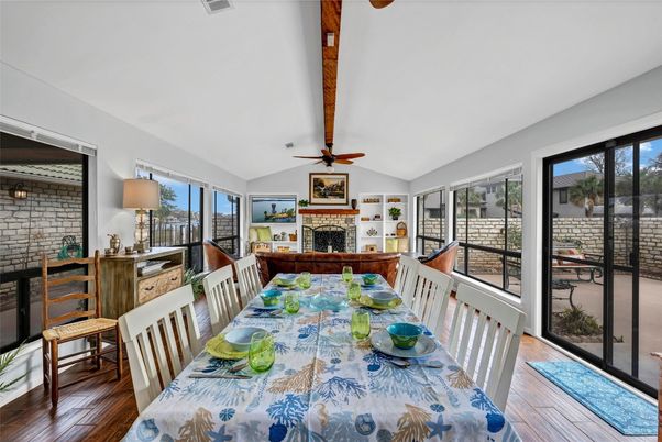 Dining room, Fireplace, Interior, Stone Walls, Wooden Beams, Wood Texture Flooring