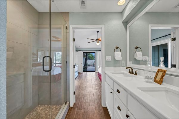 Bathroom, Dual Sink Vanities, Glass Shower, Interior, Wood Texture Flooring