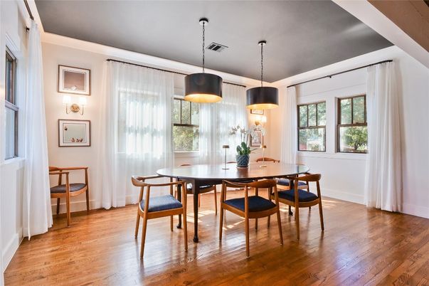 Dining room, Interior, Pendant Lights, Wood Texture Flooring