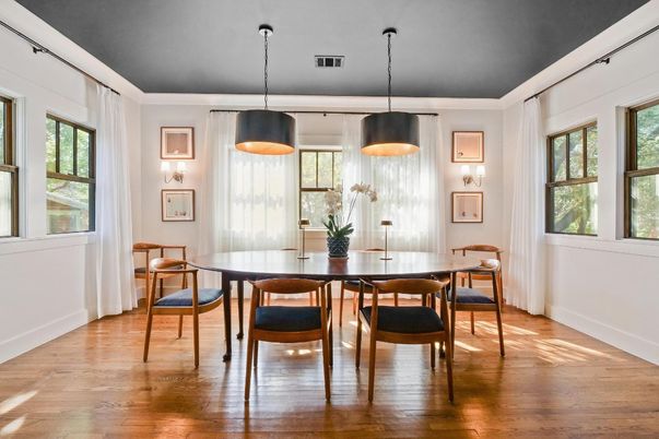 Dining room, Interior, Pendant Lights, Wood Texture Flooring