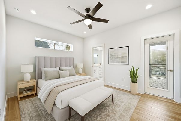 Bedroom, Interior, Recessed Lighting, Wood Texture Flooring
