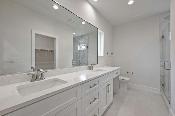 Bathroom, Dual Sink Vanities, Glass Shower, Interior, Recessed Lighting