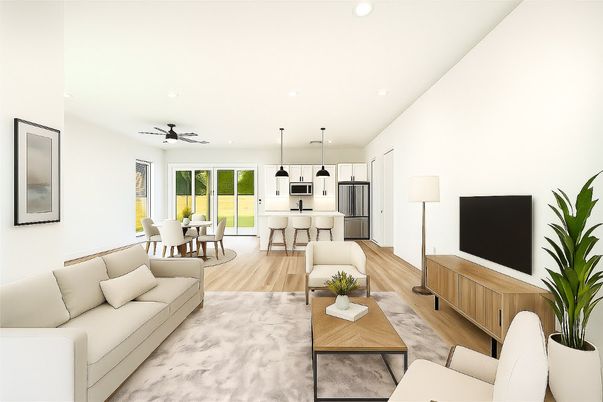 Dining room, Interior, Kitchen, Living room, Pendant Lights, Recessed Lighting, Stainless Steel Appliances, Wood Texture Flooring