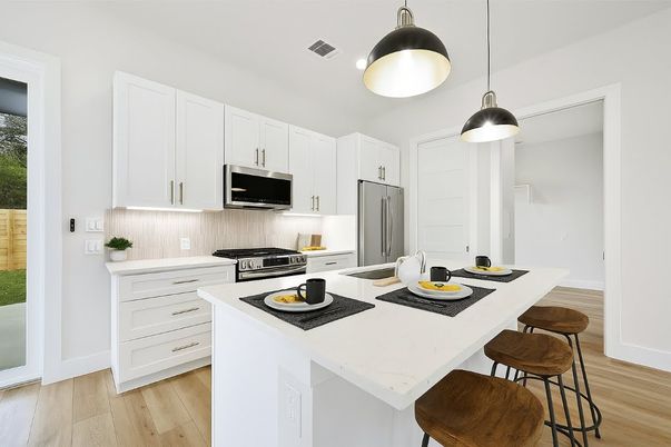 Interior, Kitchen, Pendant Lights, Stainless Steel Appliances, Wood Texture Flooring