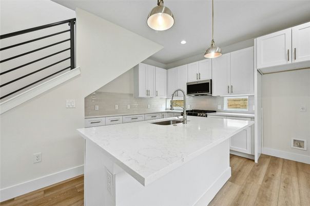 Interior, Kitchen, Pendant Lights, Recessed Lighting, Wood Texture Flooring