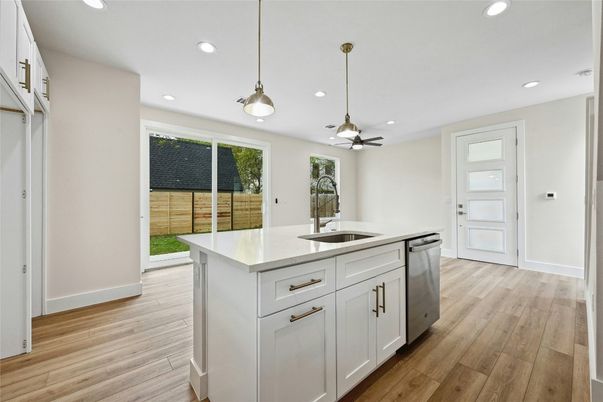 Interior, Kitchen, Pendant Lights, Recessed Lighting, Wood Texture Flooring