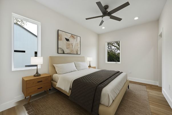 Bedroom, Interior, Recessed Lighting, Wood Texture Flooring