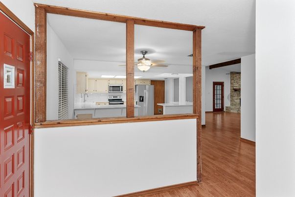 Interior, Kitchen, Stainless Steel Appliances, Stone Walls, Wood Texture Flooring